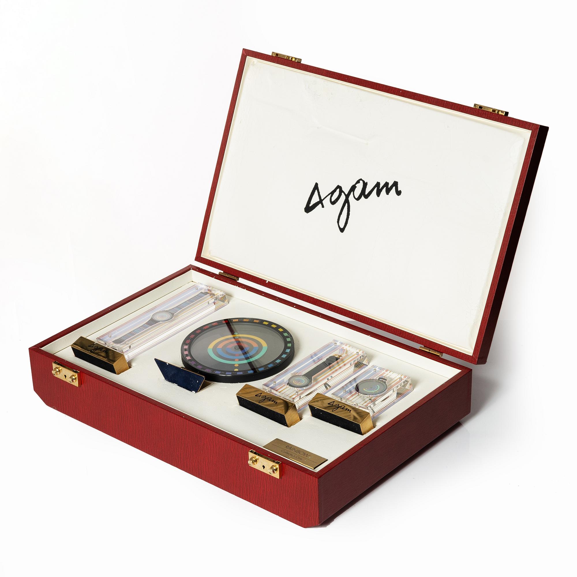 Yaacov Agam, Movado, "Rainbow", Two wrist watches, a table clock and a pocket watch.