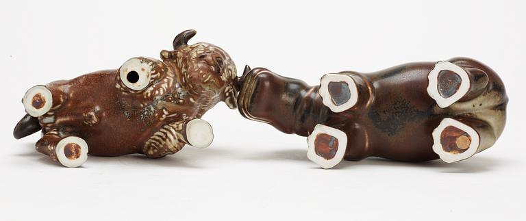Two Gunnar Nylund stoneware figures, a bison and a hippo, Rörstrand.
