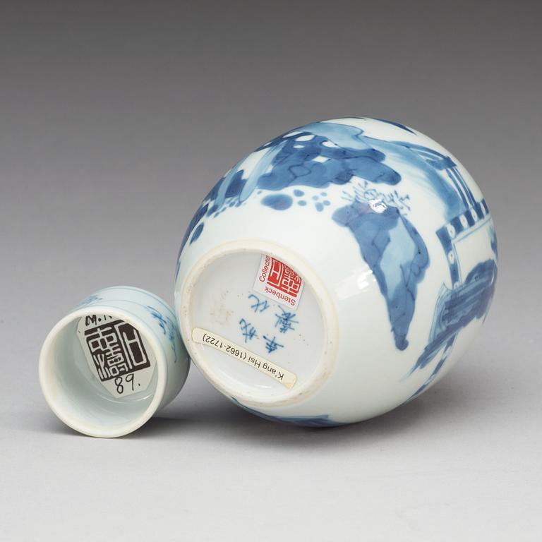 A blue and white jar with cover, Qing dynasty, Kangxi (1662-1722), with Chenghua four character mark.