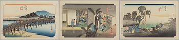 Ando Utagawa Hiroshige, after, three prints from "The Fifty-Three Stations of the Tōkaidō", 20th century.