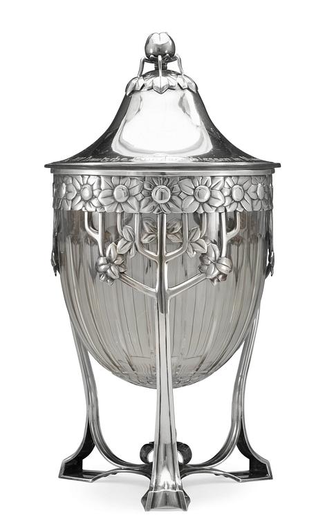 A German Art Nouveau silver plated and cut glass punch bowl, ca 1903.