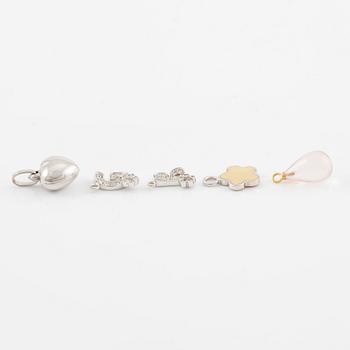 Four pendants with diamonds, and a pair of earrings with rose quartz, 18K gold and white gold.