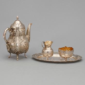 KAFFESERVIS, 4 delar, silver, rokokostil, bla Tyskland, svenska importstämplar. Tot ca 570 gram.