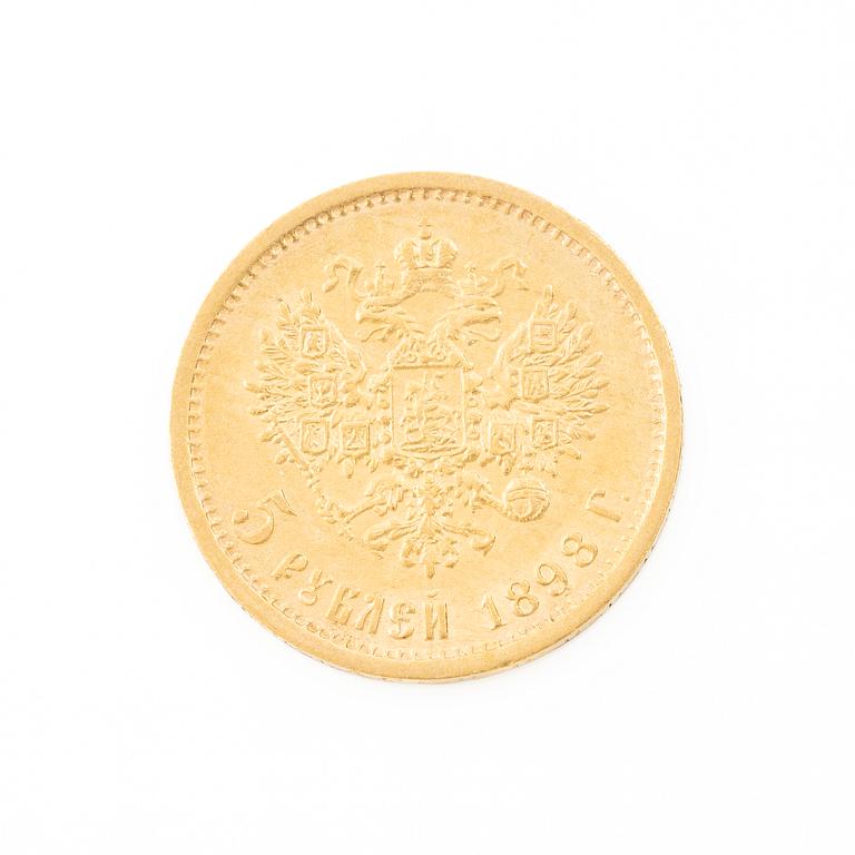 Gold coin, Nicholas II, Russia, 5 Rubles, 1898.