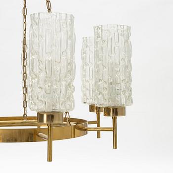 A glass and brass ceiling light, mid 20th Century.