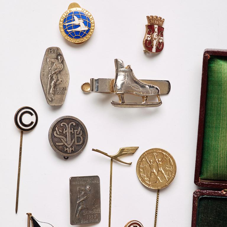 A collection of club pins/club badges for various associations/awards, including Sweden, Germany, and France.