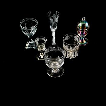 GLAS, 6 st samt LOCKPOKAL, glas, 1700/1800-tal.