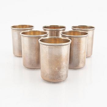 An eraly 20th century set of six silver cups mark of  Ivan Ekimovich Morozov St Petersburg weight 130 grams.