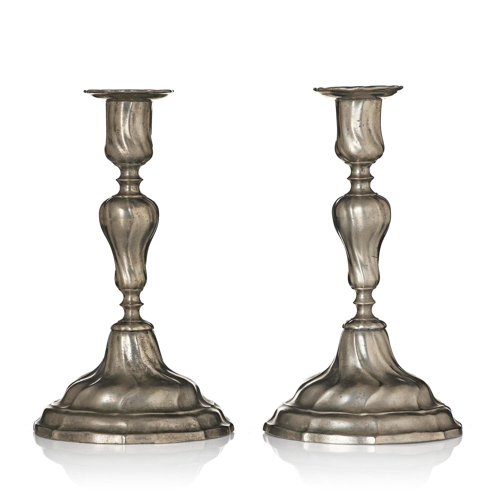 A pair of rococo pewter candlesticks, mark of Johan Bruhn, Västervik 1782.