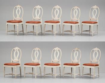 Ten matched Gustavian late 18th century chairs.