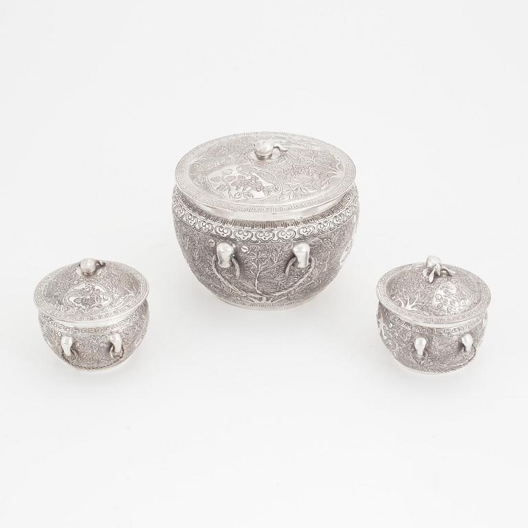 Three Chinese silver boxes, Qing Dynasty, circa 1900.