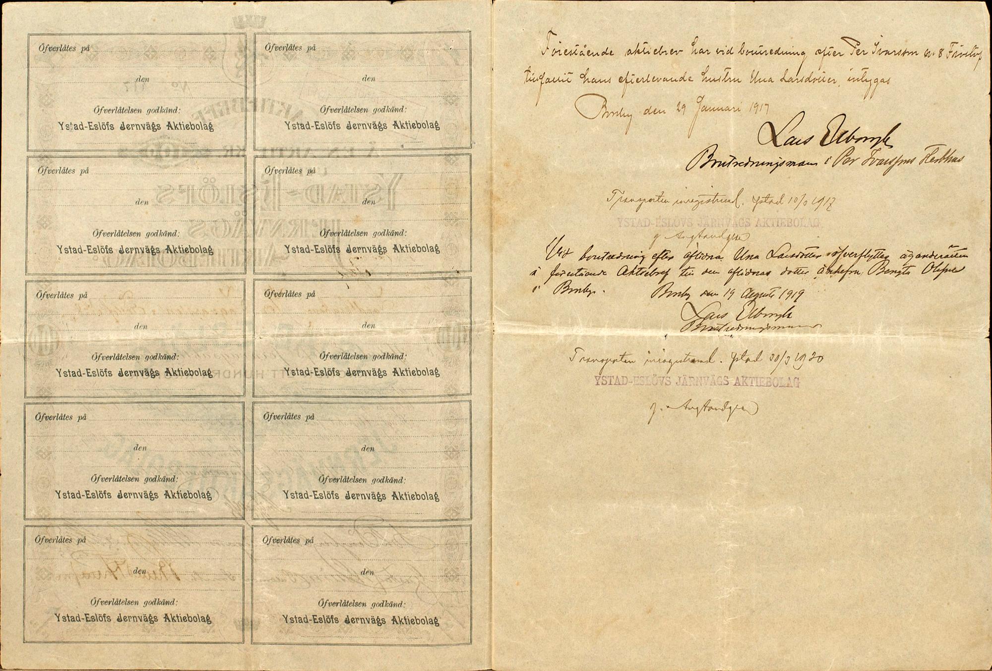 AKTIEBREV, två st, omkring 1898 resp 1901.