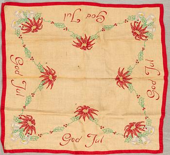 A collection of Christmas tablecloths, Christmas tree skirts, an apron, and runners, 21 pcs, 20th century.