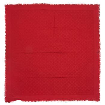 LOUIS VUITTON, a burgundy red monogrammed wool and silk shawl.