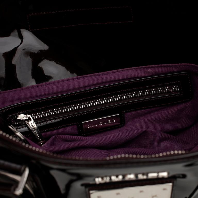 THIERRY MUGLER, a plum colored patent leather shoulder bag and matching wallet.