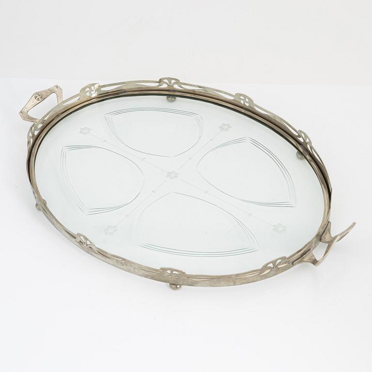 A glass and silver plated Art Nouveau tray, early 20th Century.