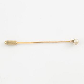 Tie pin, 14K gold, with a half-pearl and a small old-cut diamond, Russia.