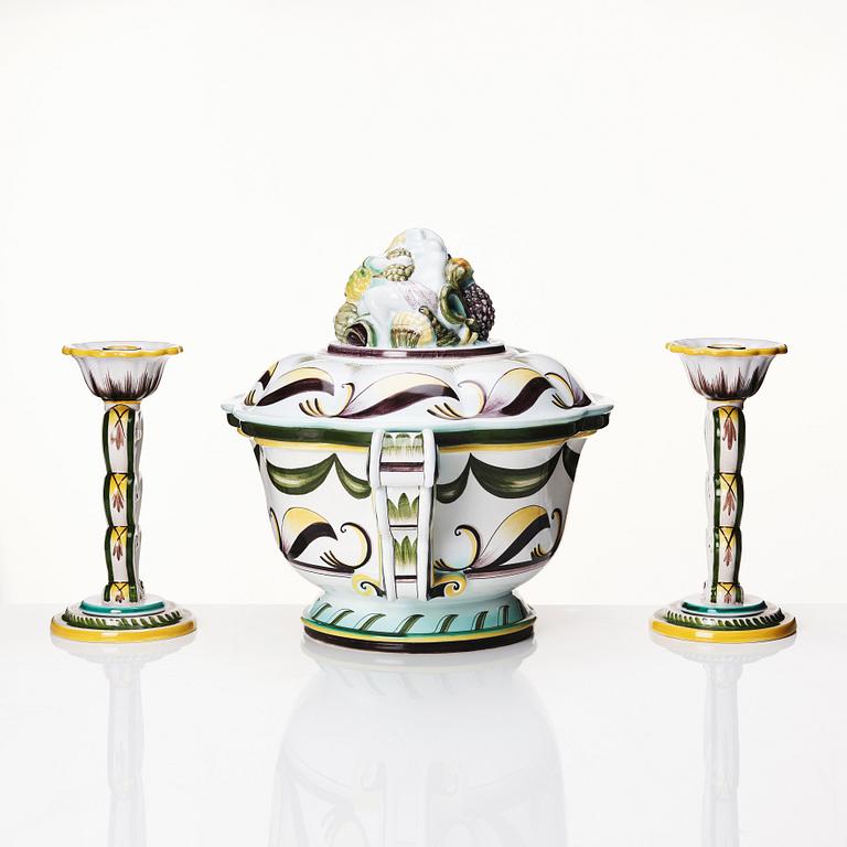 Arthur Percy, a Swedish Grace  lidded faience bowl and a pair of candlesticks,  Gefle Porslinsfabrik 1920s-1930s.