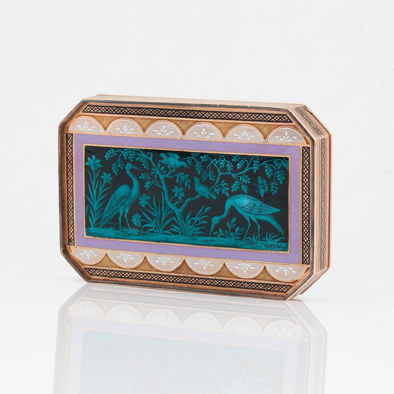 A German 19th century gold and enamel snuff-box, marks of Hannau.