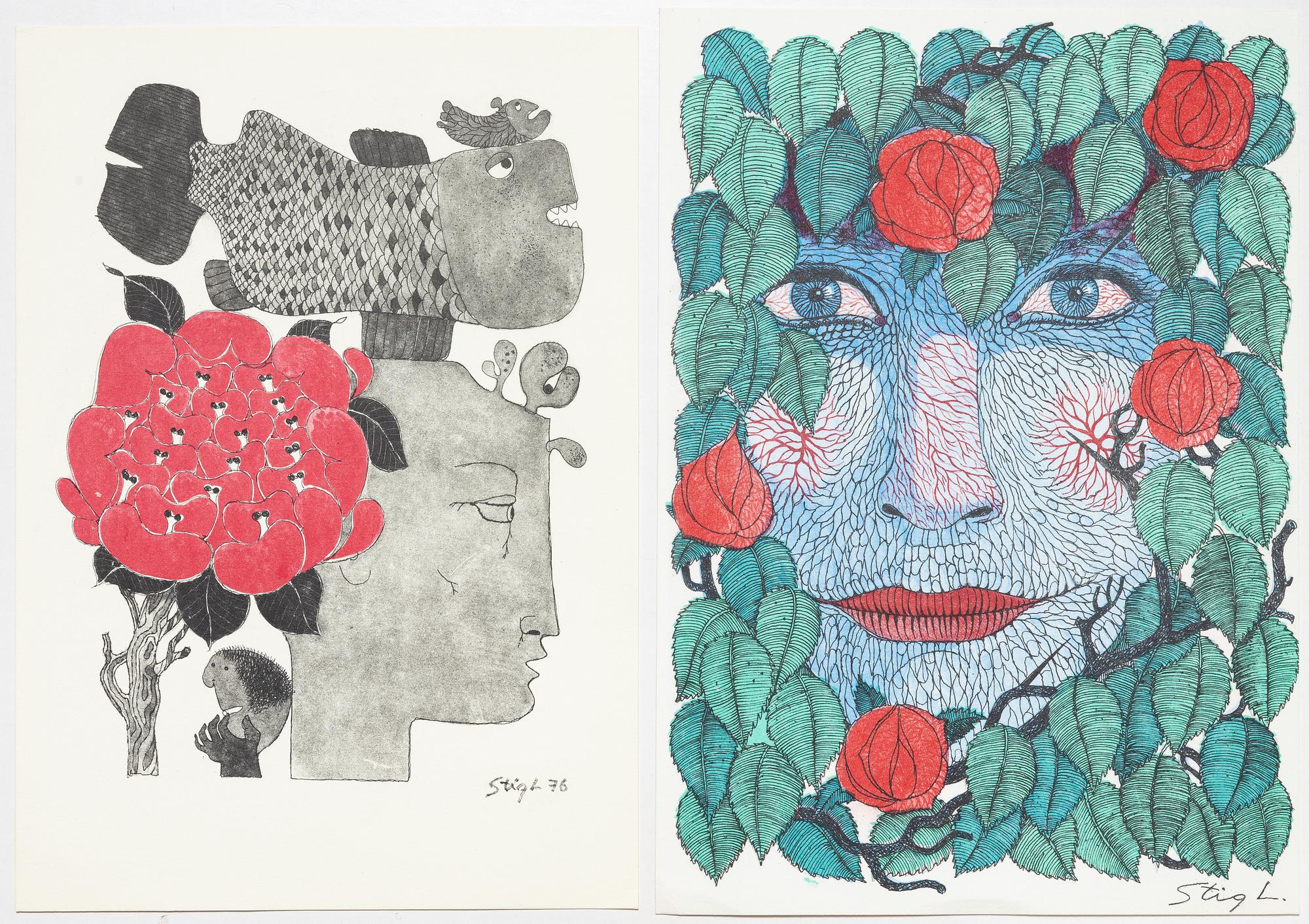 Stig Lindberg, färglitografier, 2 st, Gustavsberg,  bl a 1976.