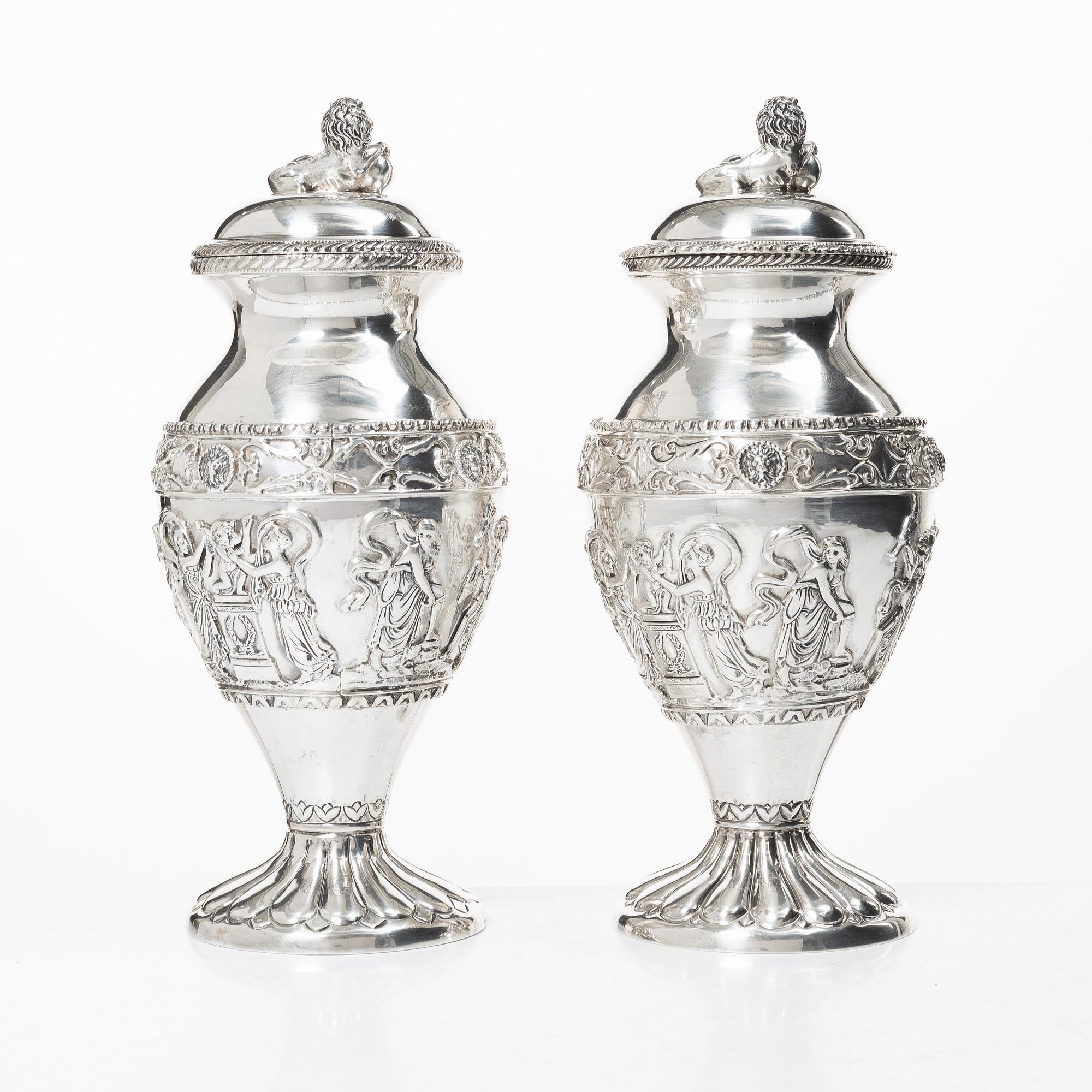 Lale Silverware & Co Ltd, a pair sterling silver lidded urns, Istanbul, Turkey 20th century.