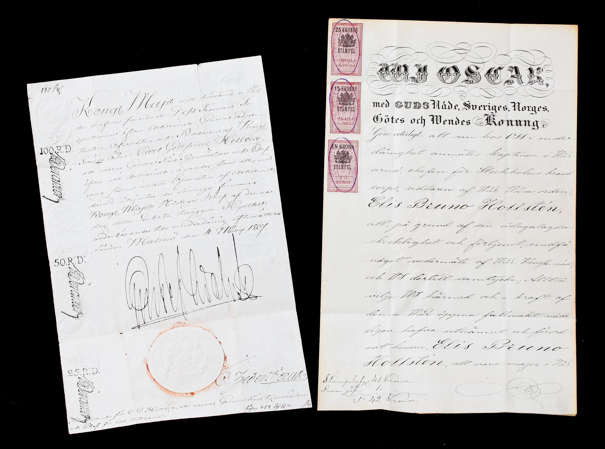 KUNGLIGA AUTOGRAFER, 4 objekt med 5 autografer, bla Konung Gustaf IV Adolf, 1800-1900-tal.