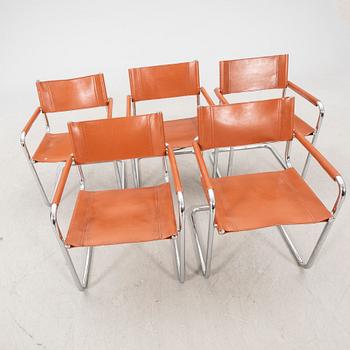 A set of five Italien chrome and leather armchairs alter part of the 20th century.