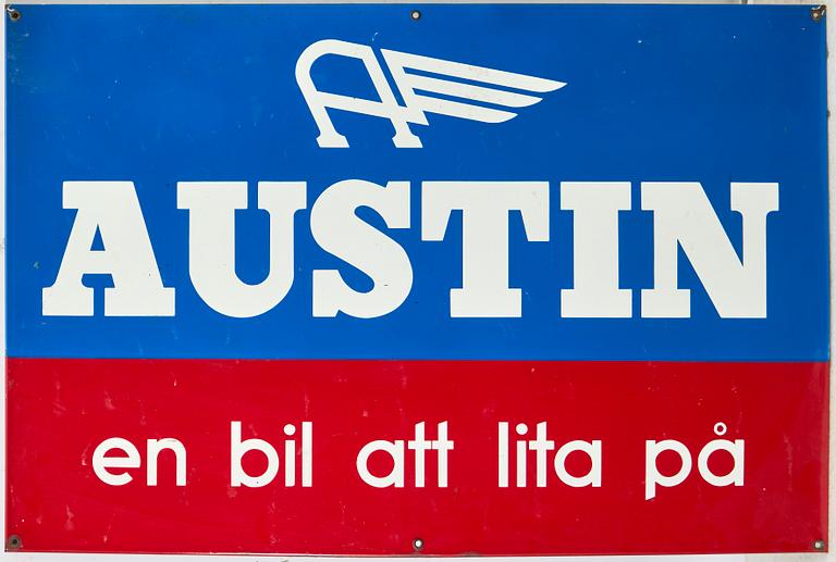 Sign, enamelled metal, Austin.
