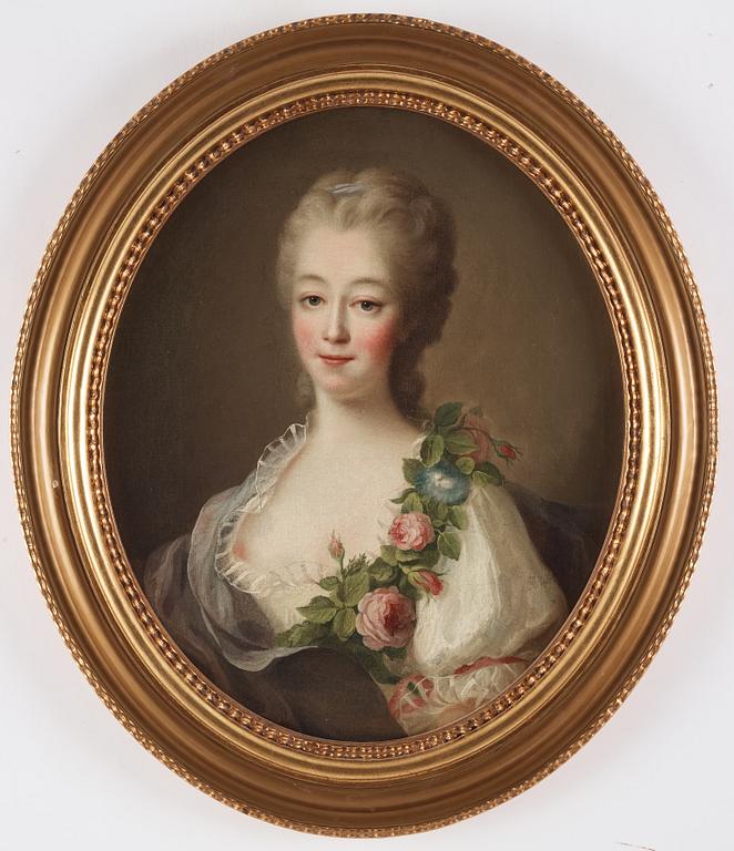 François-Hubert Drouais, hans krets, Young girl with garland of flowers, possibly  Comtesse du Barry (1743-93).