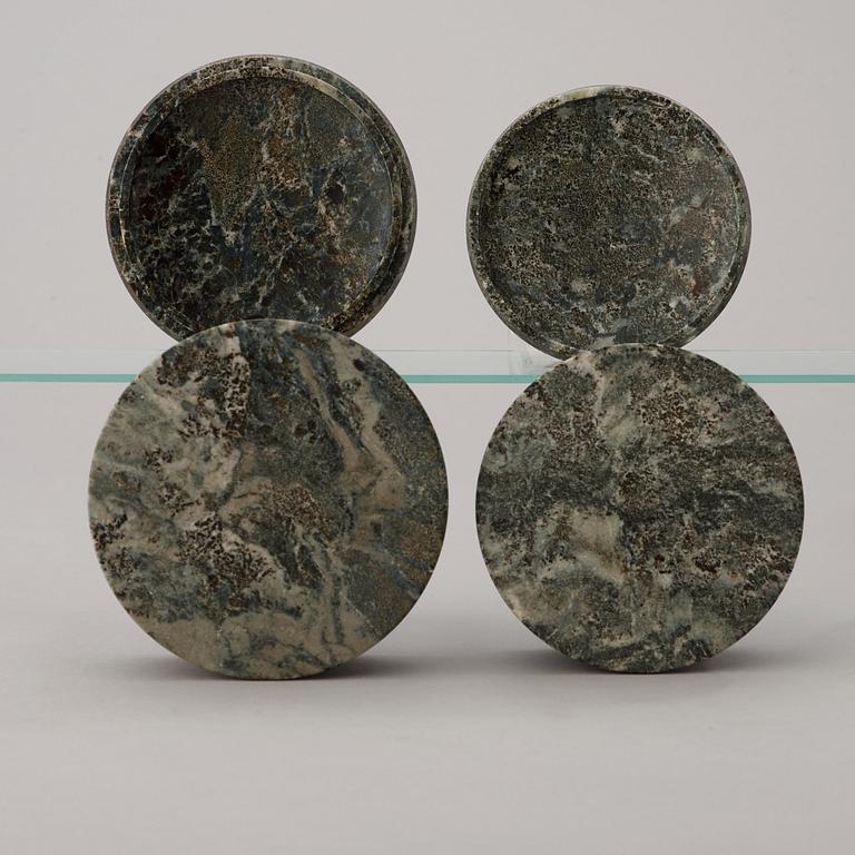 Four Swedish 19th century green marble boxes with covers.