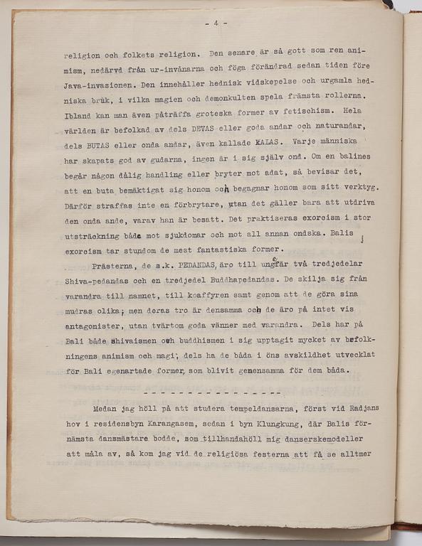 Tyra Kleen, fyra häften med åtta tryckta planscher (varav en dublett), "Temple Dances and Musical Instruments in Bali".