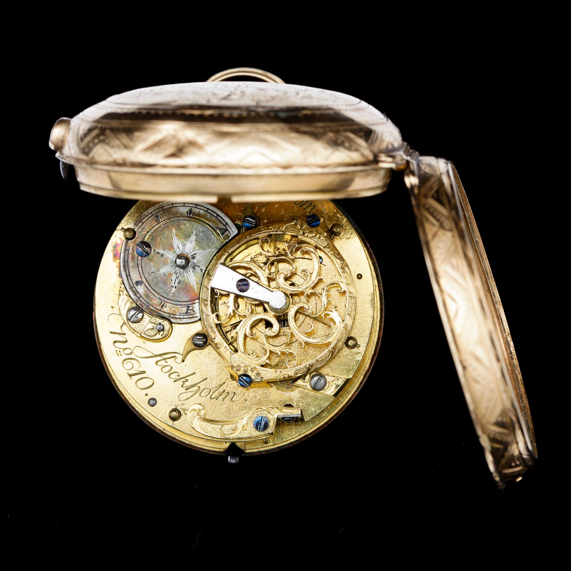 FICKUR, guld. Anders Callerström, Stockholm (verksam 1737-1775), 1700-talets andra hälft. Tot vikt ca51,5g.