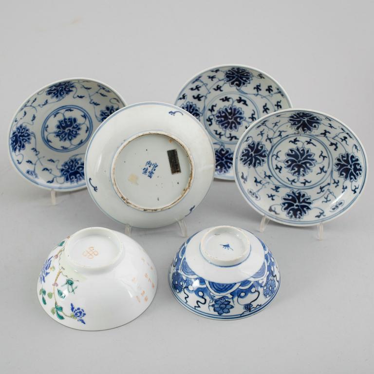 SAMLING OSTINDISKA FÖREMÅL, 6 delar, porslin, Kina, 1800/1900-tal.