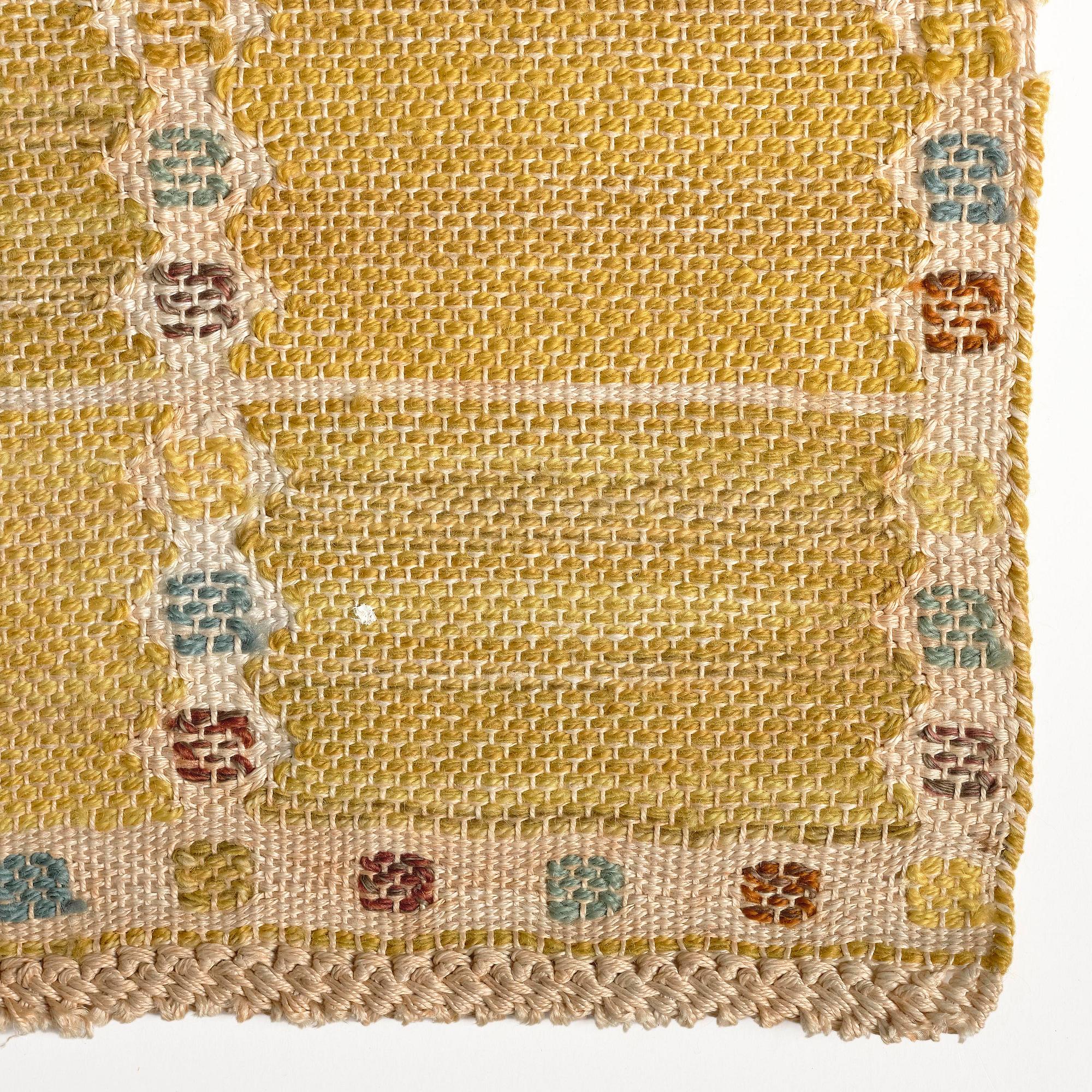 Barbro Nilsson, a 'Kvadrater på linne, gul' textile, flat weave, c 84 x 26 cm, signed BN.