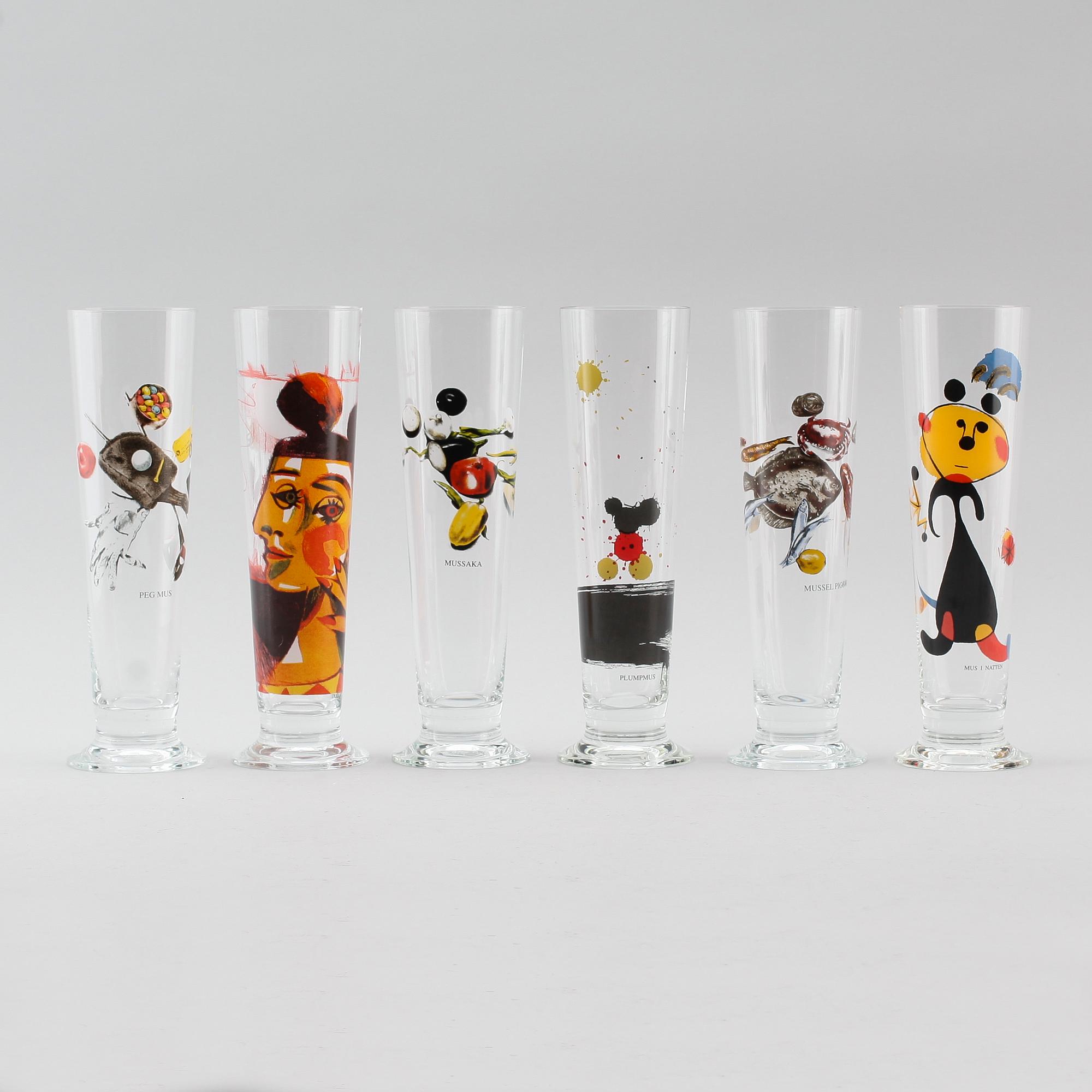 ÖLGLAS, 6 st, glas, Lasse Åberg, signerade.