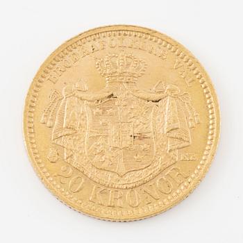 Gold coin, Sweden, Oscar II, 20 kr, 1877.