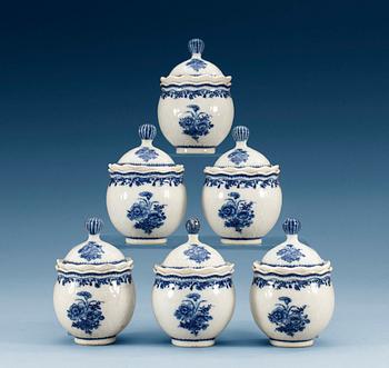 1543. A set of six blue and white custard cups with covers, Qing dynasty, Jiaqing (1796-1820). (6).