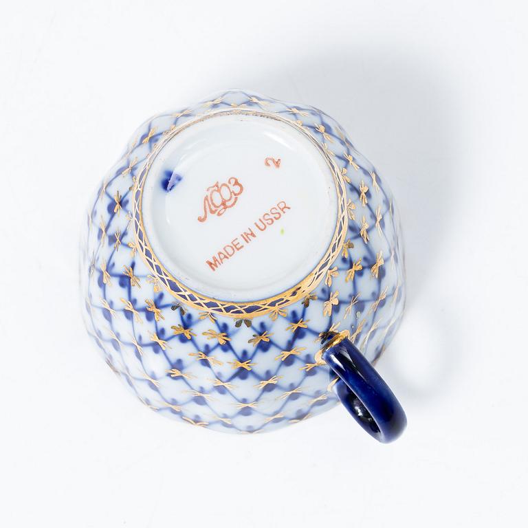 Tweleve coffee cups and saucers, 'Cobalt Net', Lomonosov.