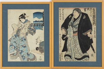 Utagawa Kunisada, träsnitt, två stycken, Edo (1603-1868), 1800-tal.