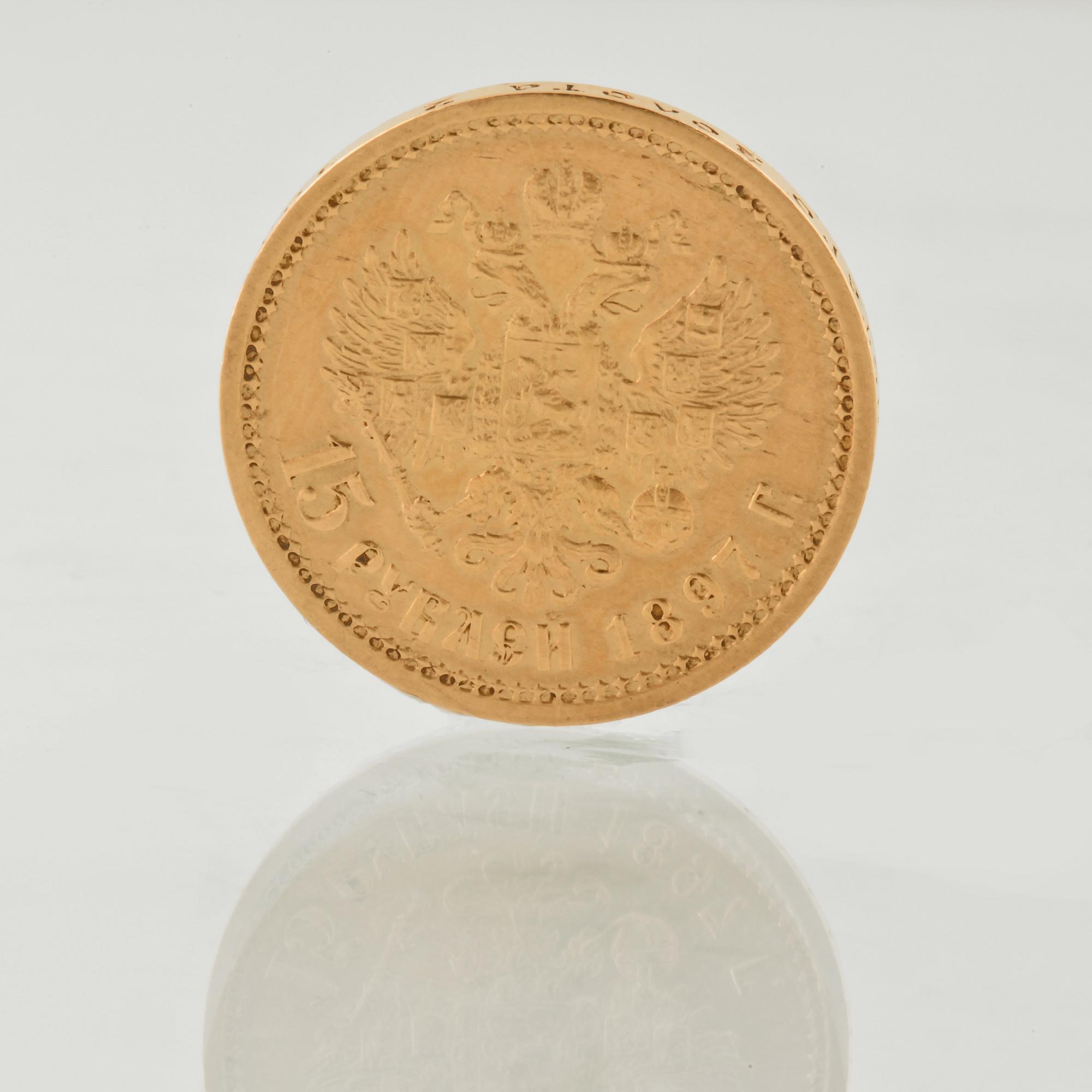 MYNT, guld, 15 Rubel, Nikolaj II, Ryssland, daterat 1897, vikt 12 gram.