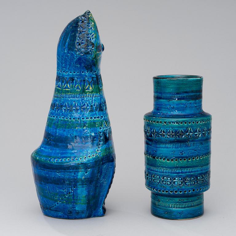 A Rimini blue ceramic sculpture and a vase by Aldo Londi for Bitossi, Italy early 1960s.