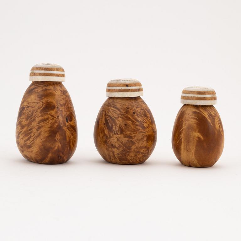 A set of three birch and reindeer salt and sugar containers by Thore Sunna, before 1965.