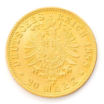Guldmynt, Tyskland, Friedrich III, 20 Mark, 1888.