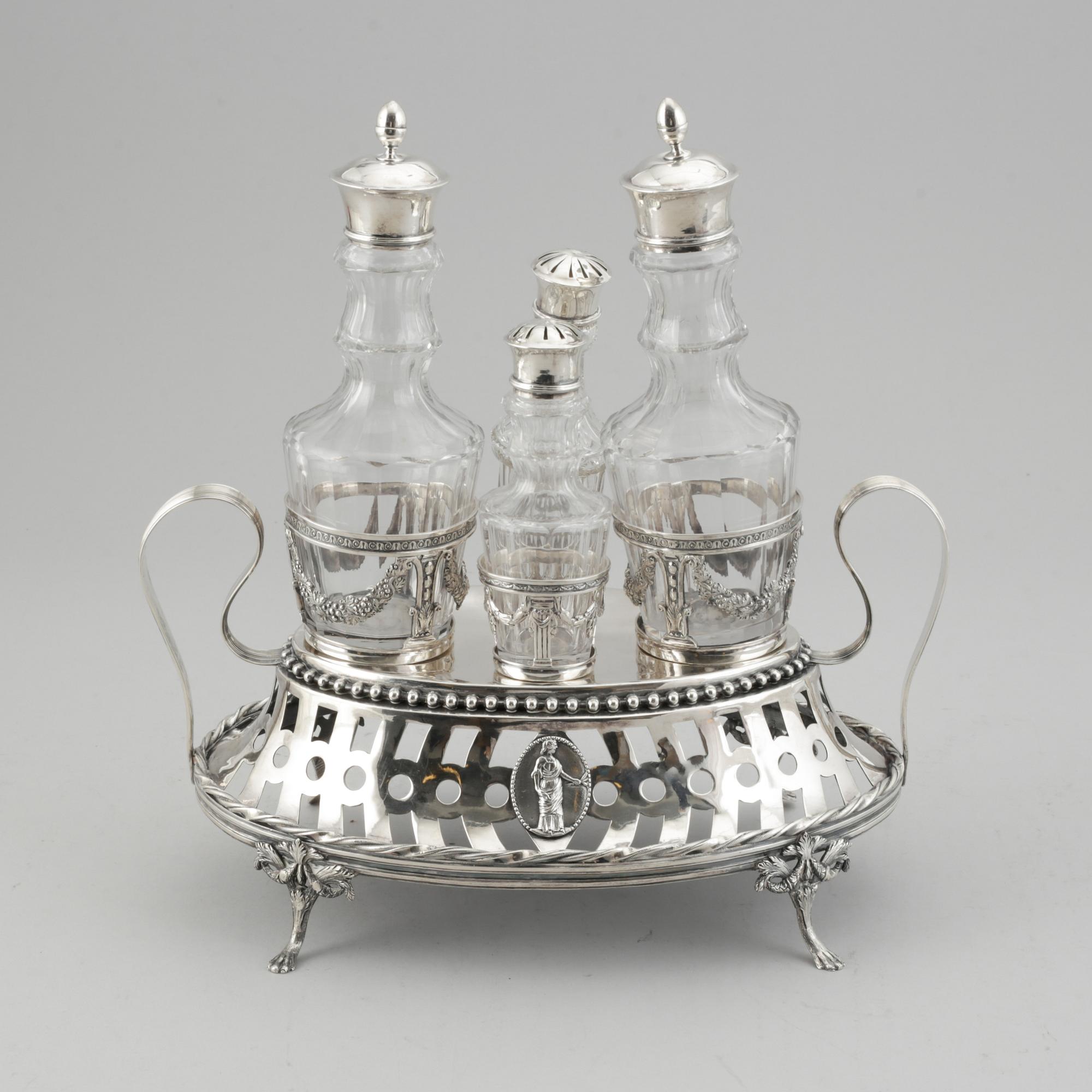 A swedish late gustavian silver cruet stand, mark of Mikael Nyberg, Sweden 1796.