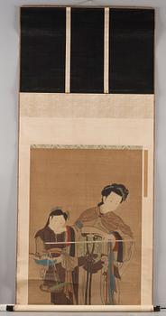 A hanging scroll of a lady and maid with a scaler, in the style of Qiu Ying (c 1494-1551) late Qing dynasty (1644-1912).