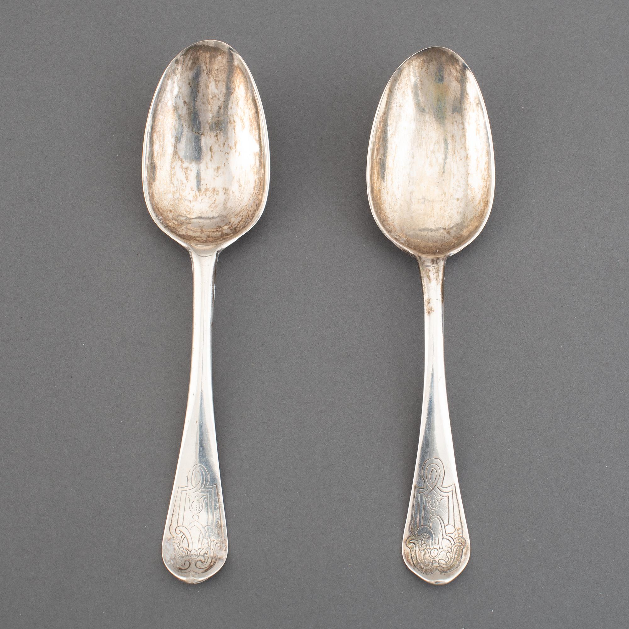 A matched pair of Swedish 18th century silver spoons, marked Uppsala.