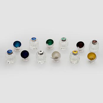 A set of 6 salt cellars with spoons and set of 6 salt shakers silver, glass and enamel, Denmark.