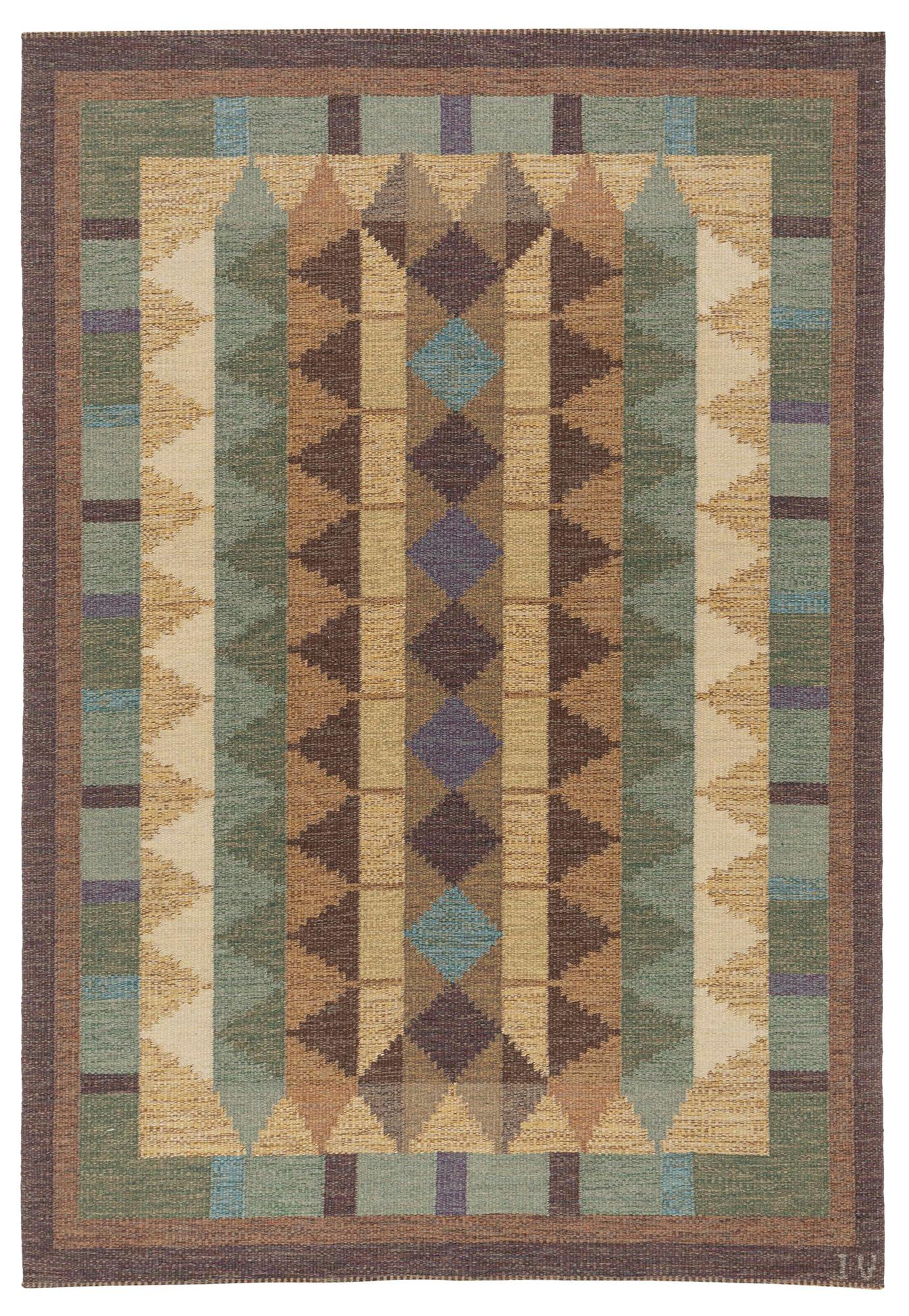 Inga-Mi Varneus Rydgren, a carpet, flat weave, c. 246 x 169 cm, signed IV.