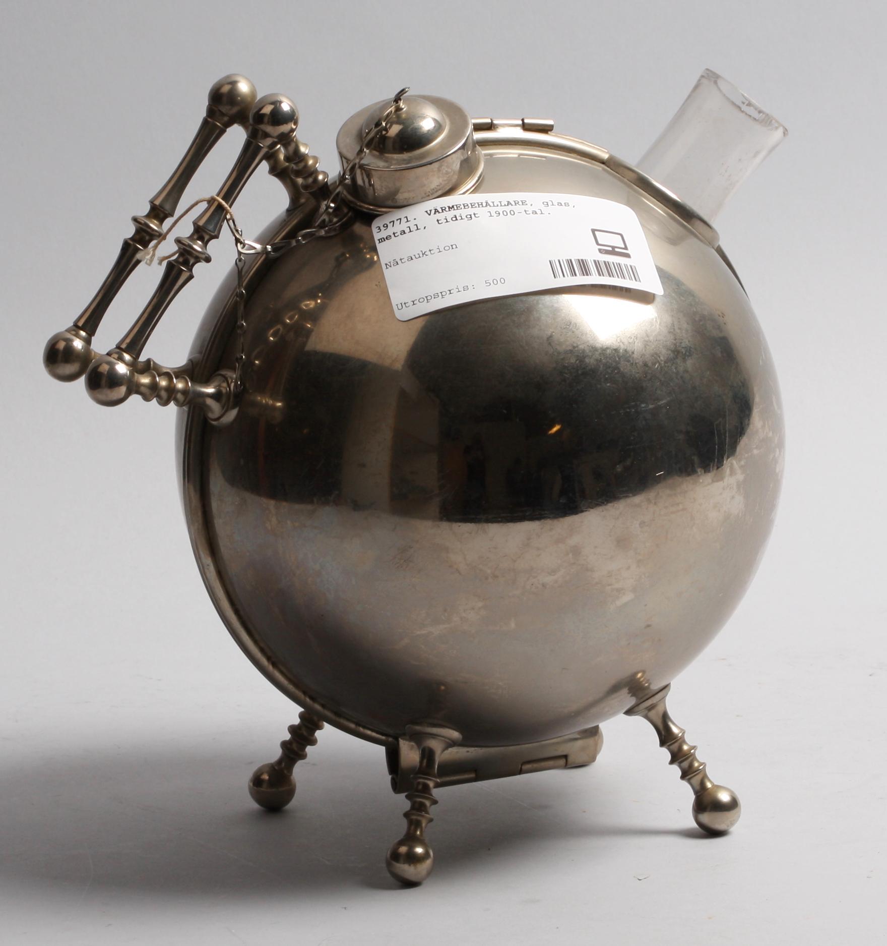 VÄRMEBEHÅLLARE, glas, metall, tidigt 1900-tal.