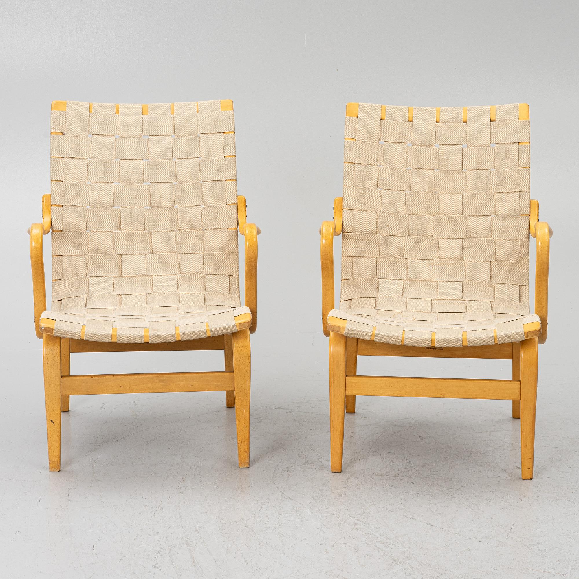 Bruno Mathsson, Armchairs, a pair, “Eva”, Firma Karl Mathsson, Värnamo, 1963 and 1964.